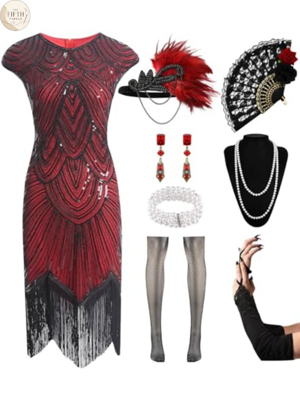 1920s Flapper Dress Sequin Fringe Costume Set with Accessories